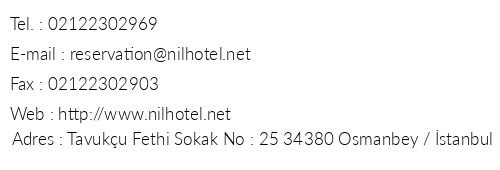 Nil Hotel telefon numaralar, faks, e-mail, posta adresi ve iletiim bilgileri